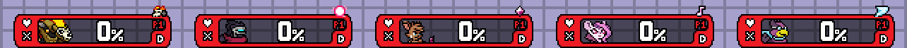 In-game screenshot of the HUD cooldown indicators for Forsburn’s Clone, Clairen’s Plasma Field, Olympia’s Crystal, Pomme’s Song Field, and Wrastor’s Slipstream