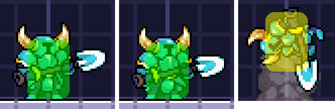 In-game screenshot of Shovel Knight's hurtbox during idle, crouch, and hitstun.